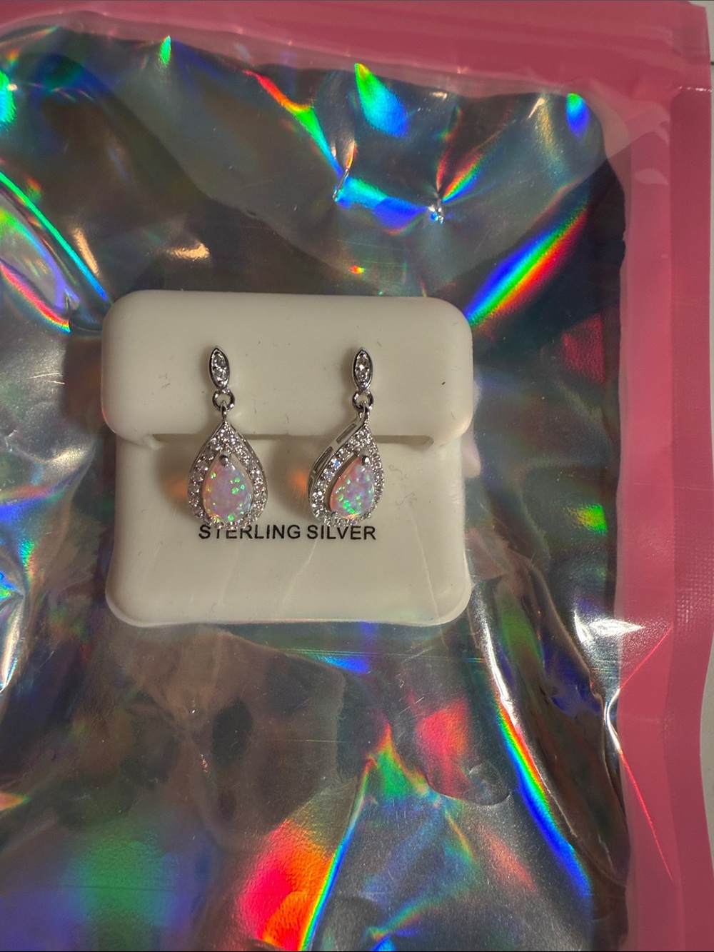 Sterling Silver Opal Teardrop Dangle Earrings - Iridescent White